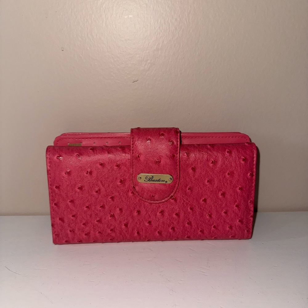 Buxton Pink Ostrich-Embossed Vegan Leather Super Wallet